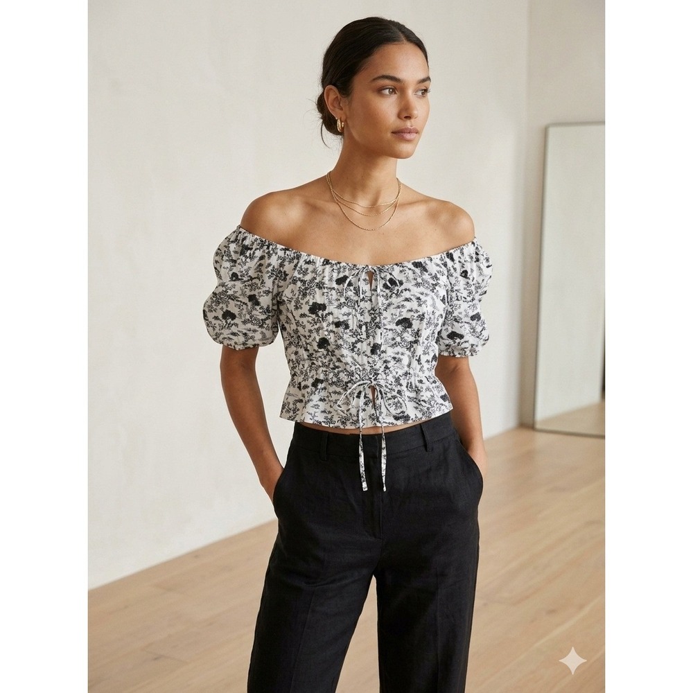 7 For All Mankind Womens Toile Print Off Shoulder Crop Top White dark green S